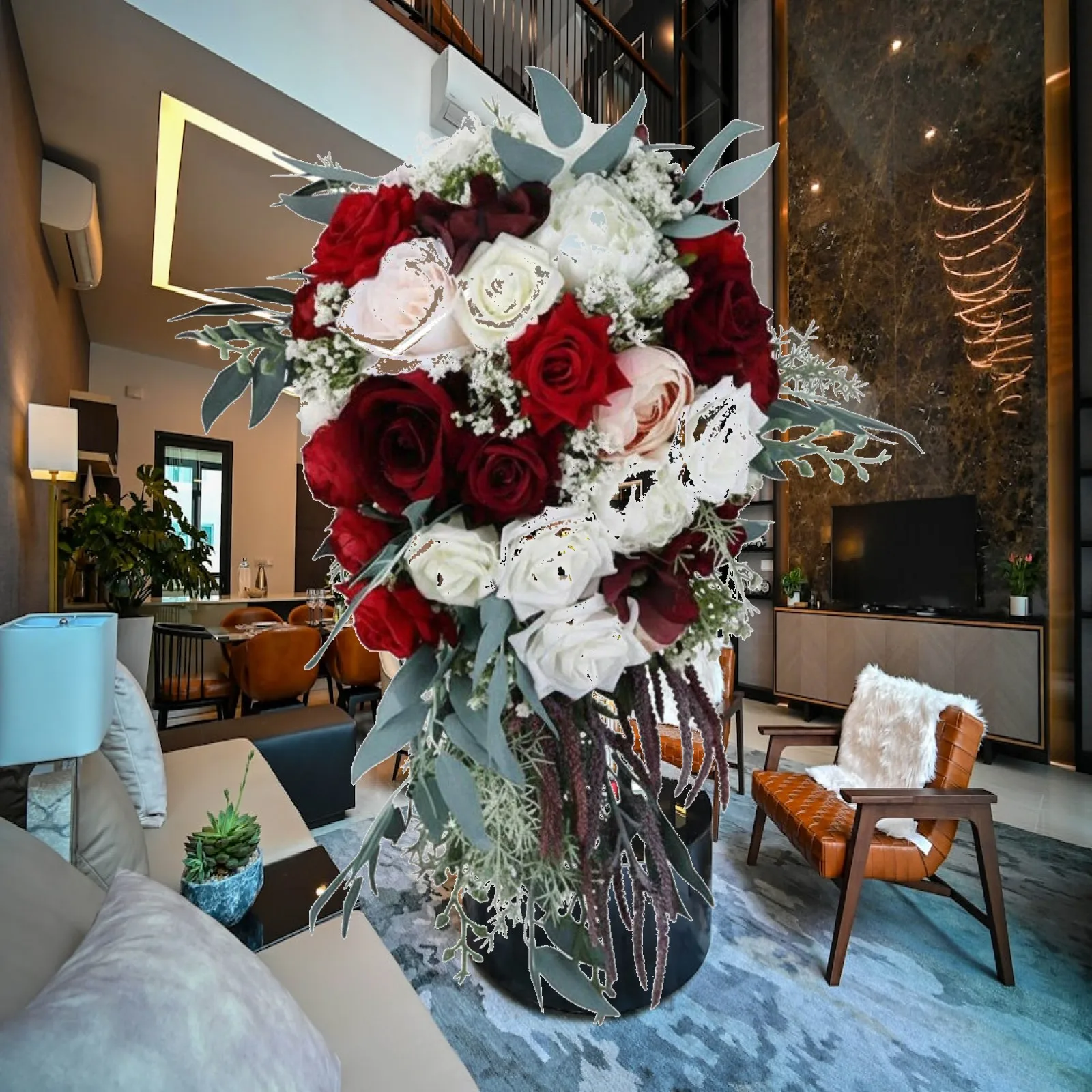 White Wine Red Silk Rose Bridal Bouquet Teardrop Shape for Wedding Ceremony Outdoor Photo Shoot Decoration Accessory