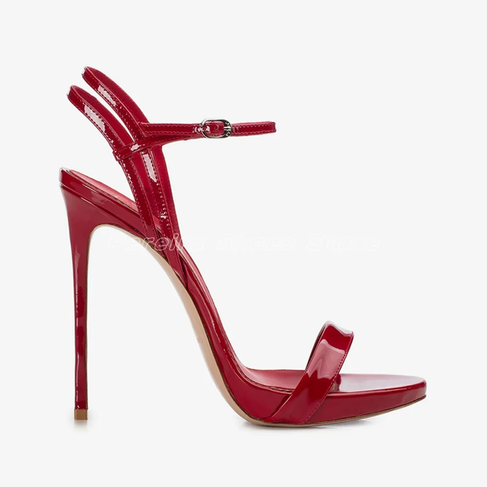 

Sexy Shallow Patent Leather Summer Sandals Open Toe Platform Narrow Band Buckle Strap Solid Back Strap Super High-Heel Shoes