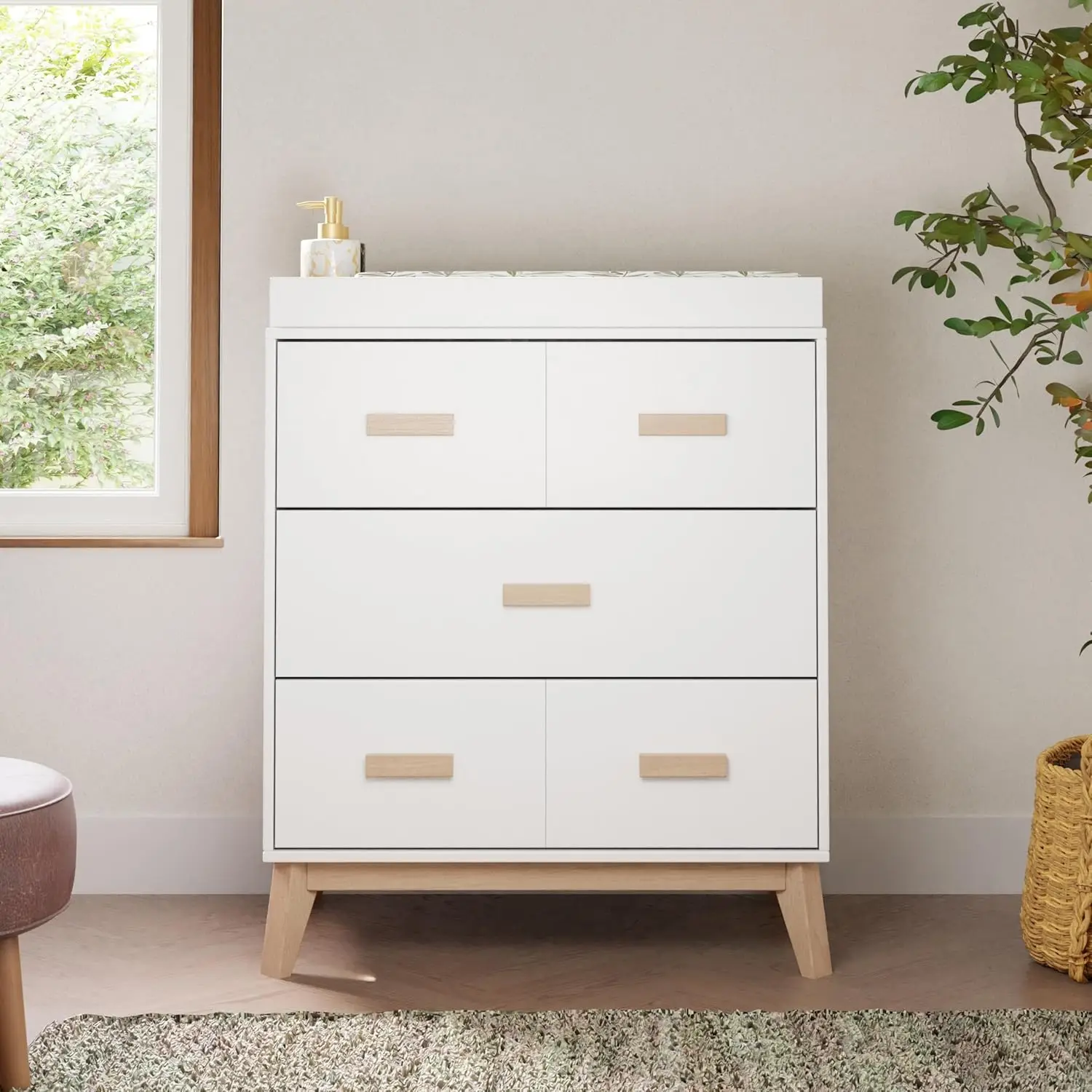 Scoot 3-Drawer Changer Dresser with Removable Changing Tray in White and Washed Natural, Greenguard Gold Certified