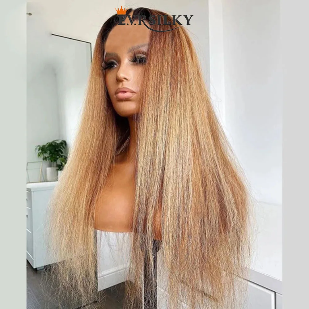 Ombre Honey Blonde V Part Wigs Yaki Straight Unprocessed 100% Human Hair Glueless Kinky Straight U Shape Wig Full End None Lace