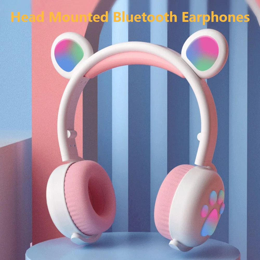 

New Head Mounted Bear Ear Bluetooth 5.0 Earphones Foldable Portable LED Tri Color Flash HiFi Stereo Music Gaming Earphones