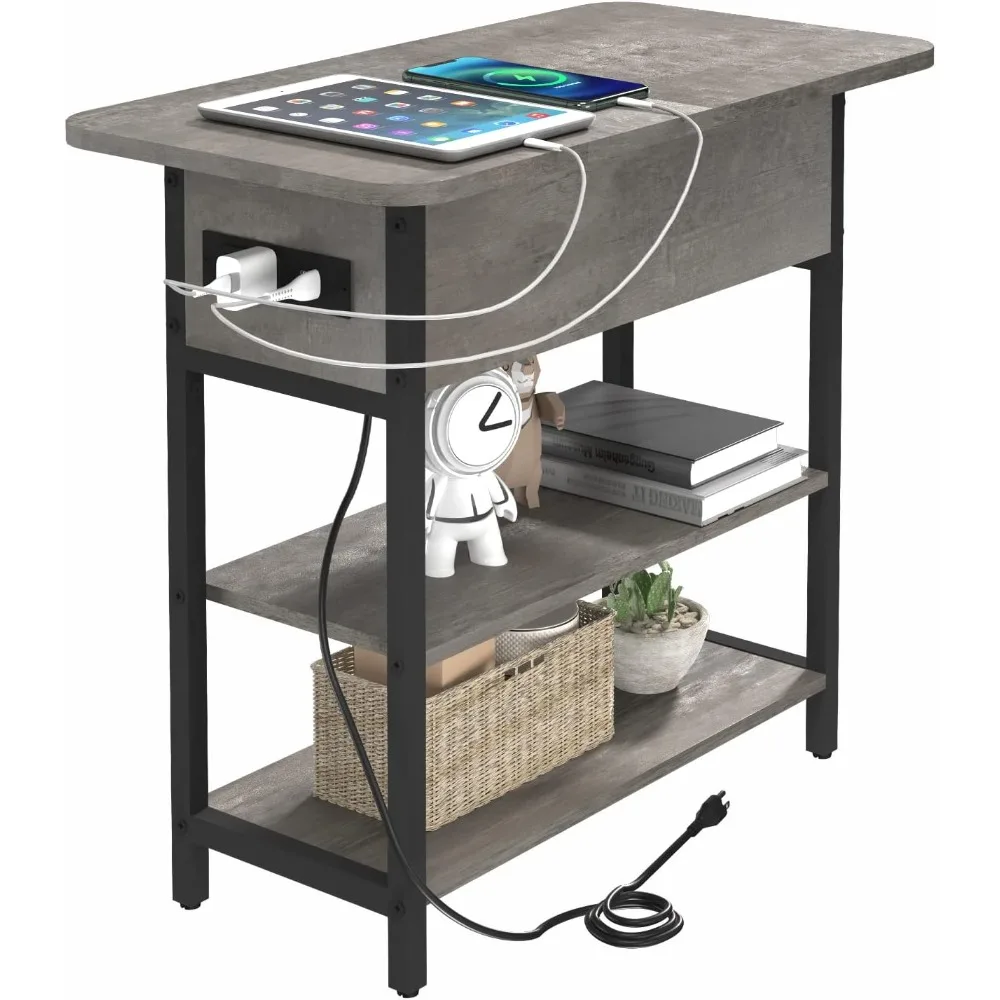 End Table with Charging Station, Flip Top Side Table with USB Ports and Outlets,  Bedside Table with Storage Shelves