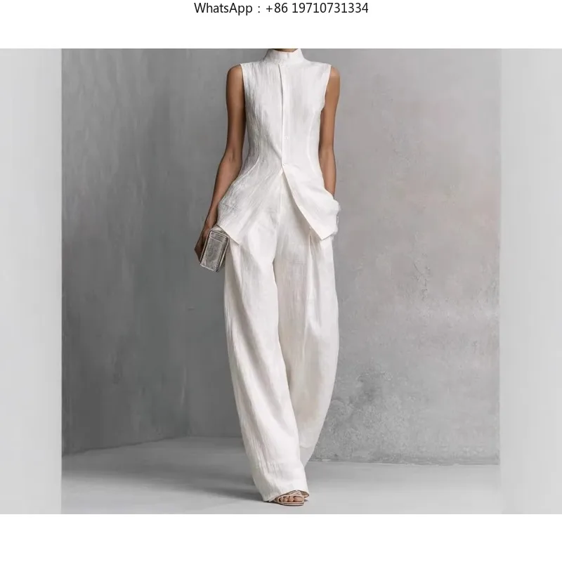 Women's Summer 2 Piece Outfit Sleeveless Top and Wide Leg Pants Loose High Street Office Set with Pockets