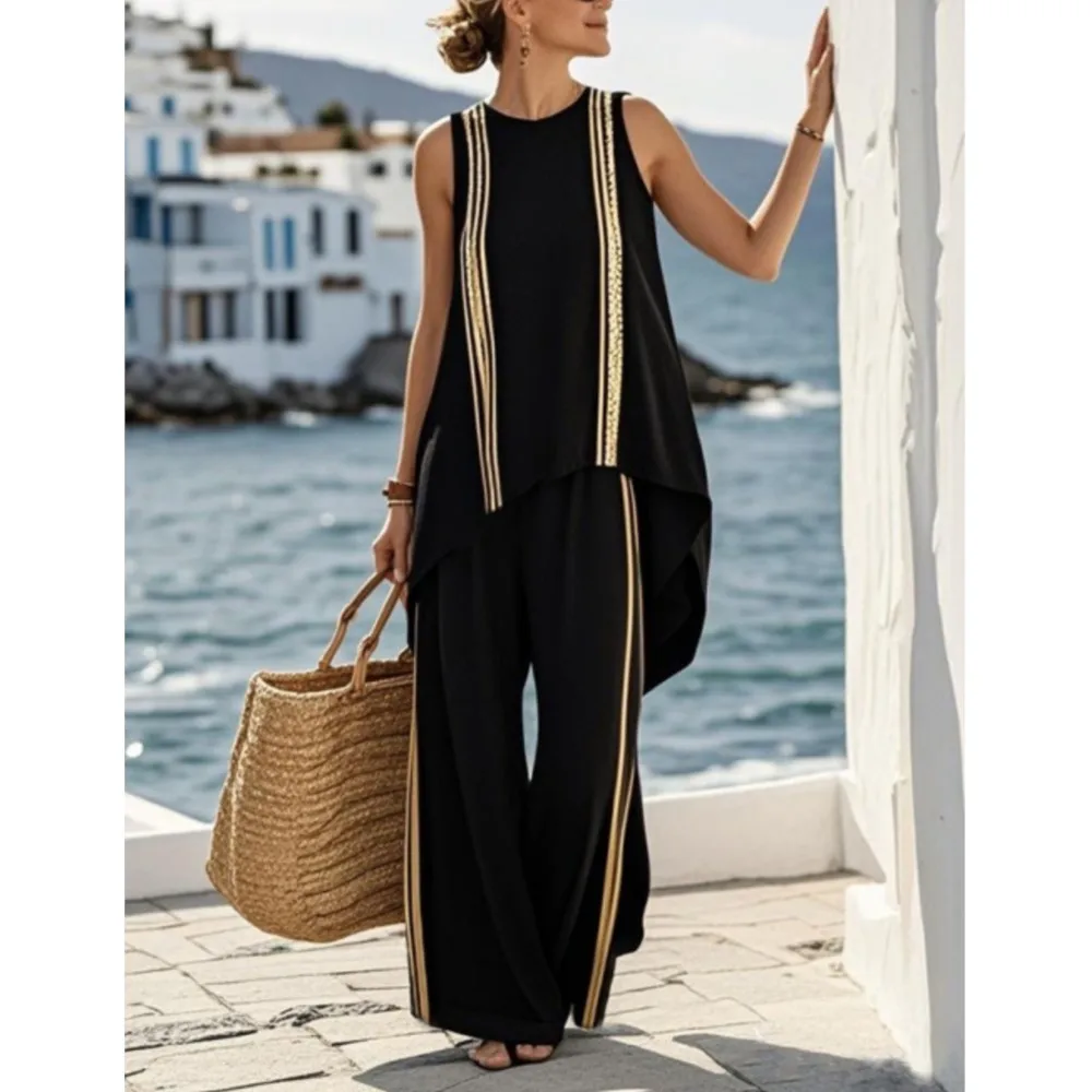 

Women's Long Vest Tops + Wide-leg Pants 2-piece Sets Round Neck Sleeveless 2025 Summer Loose Casual Suit Beach Seaside Vacation