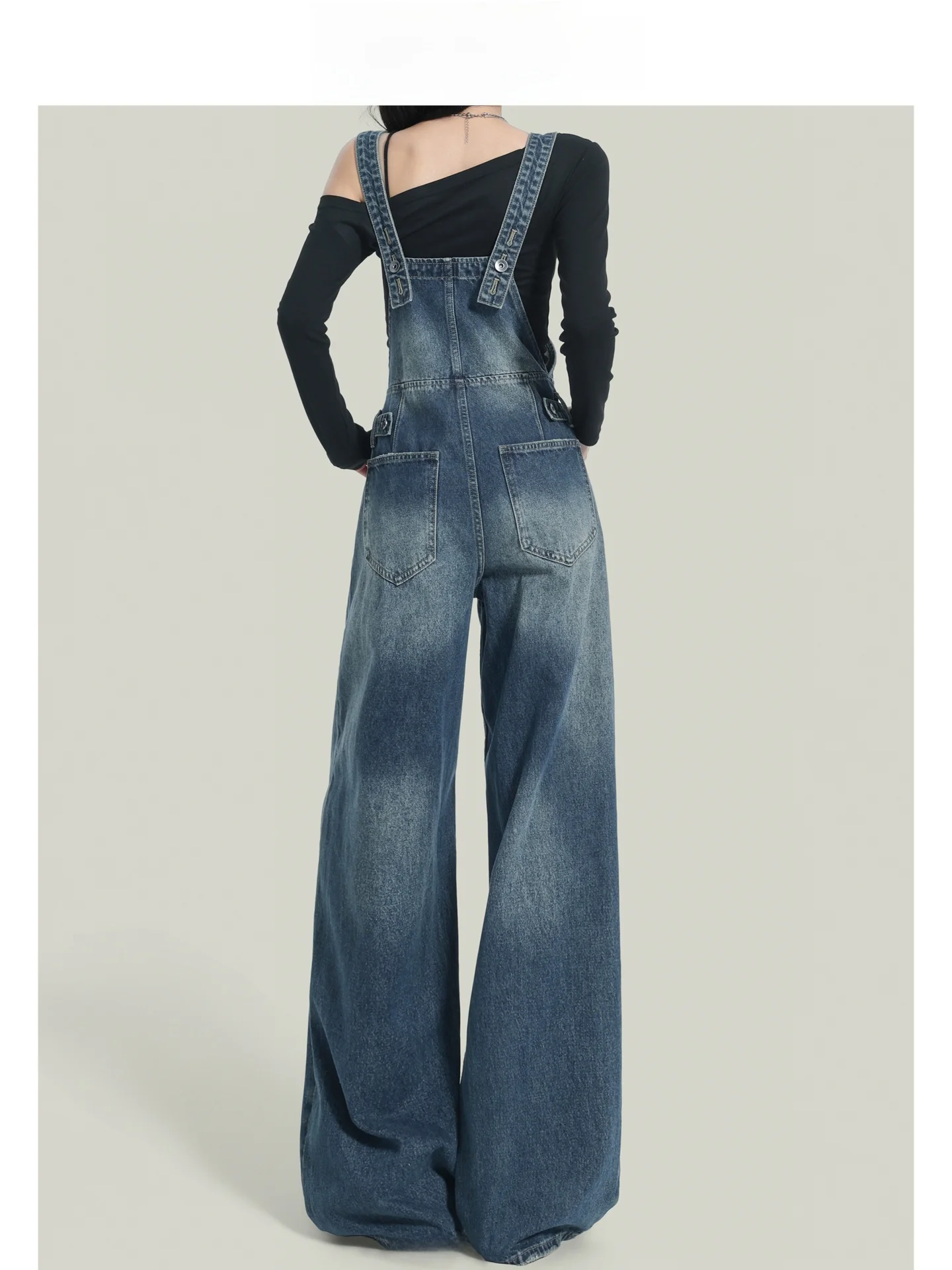 

American Sle High Waist Wide Leg Denim Overalls Women Loose Drapey Straight Cut Jeans Blue Bastrap Casual Trousers