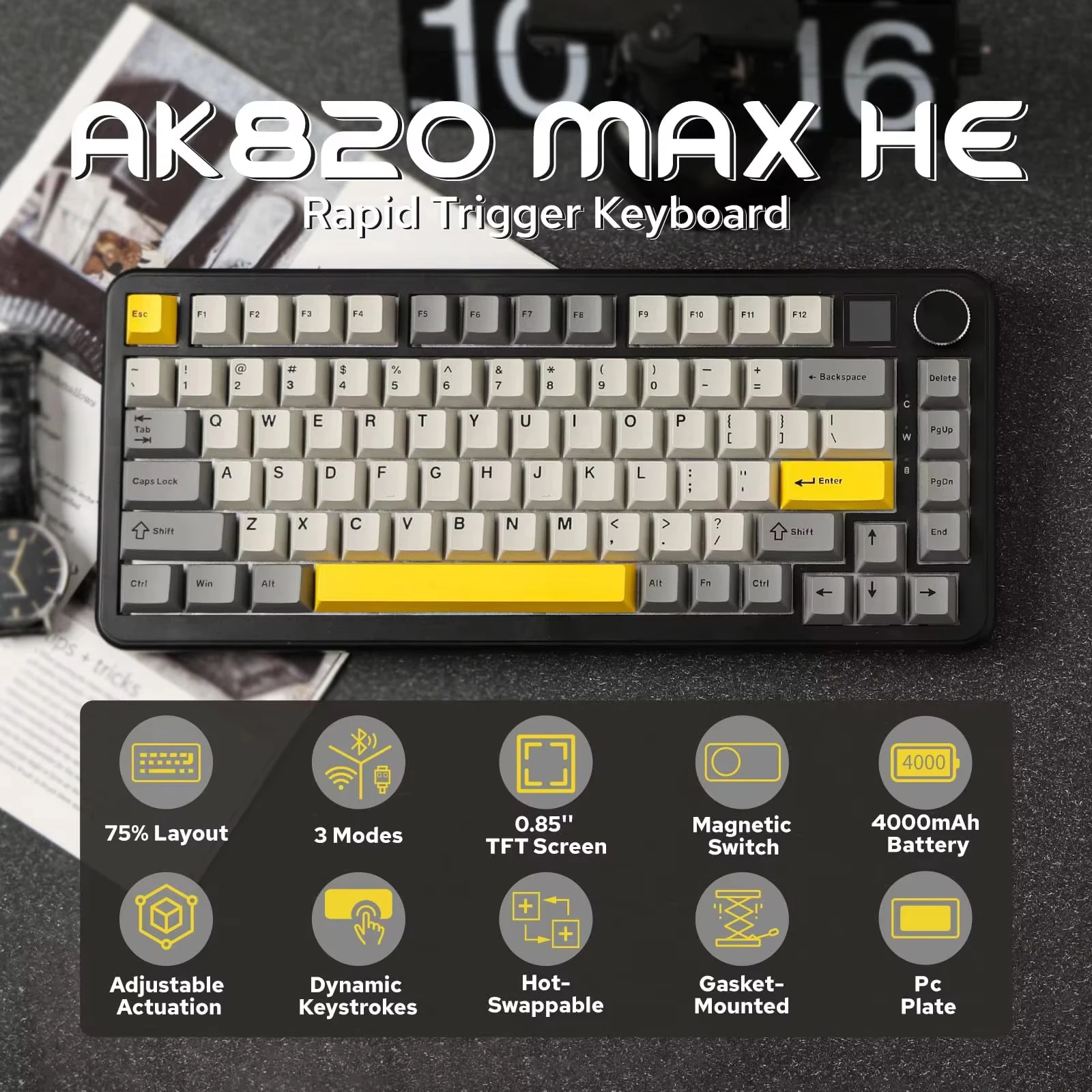 AJAZZ AK820MAX Mechanical Keyboard Magnetic Axis Wired/Wireless Tri-Mode 81 KEY Hot-swappable Gasket Structure With 0.85