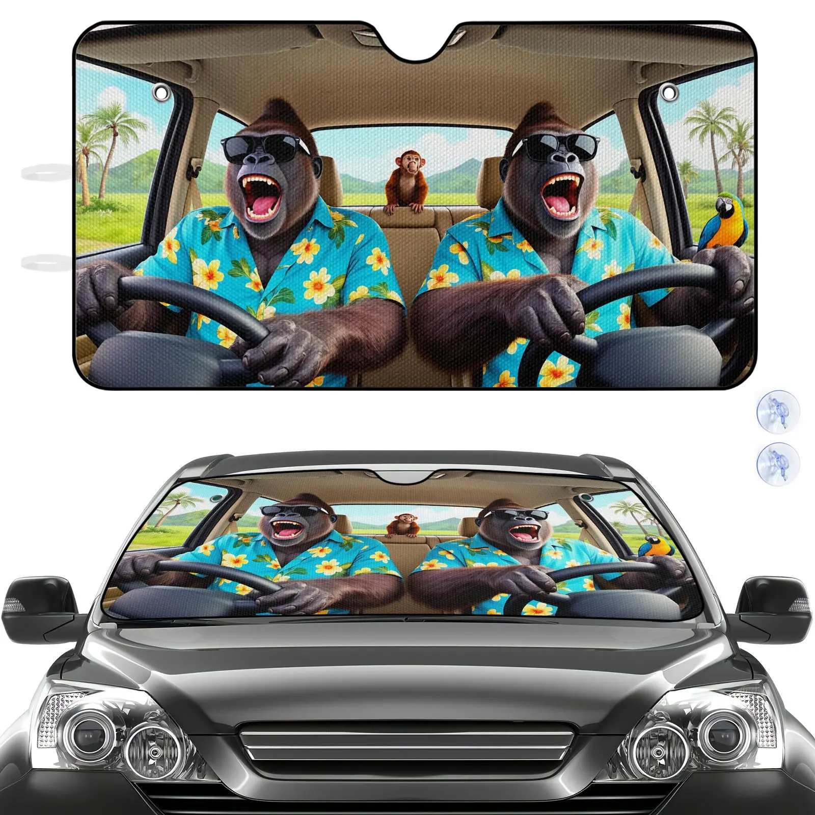 Car Sun Shade For Front Windshield Blue Gorilla In Hawaiian Shirt With Monkey And Parrot On Tropical Background For Car Interior