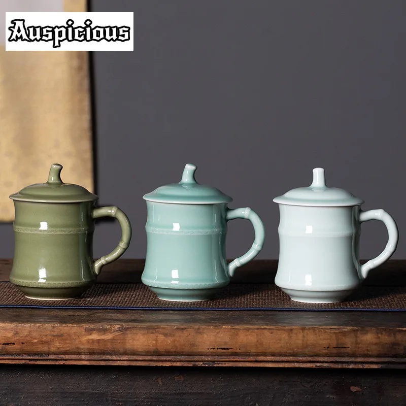 

440ml High-value Longquan Celadon Coffee Mug Hot Chocolate Cup Afternoon Tea Mug With Lid Office Water Cup Cafes Decoration Gift