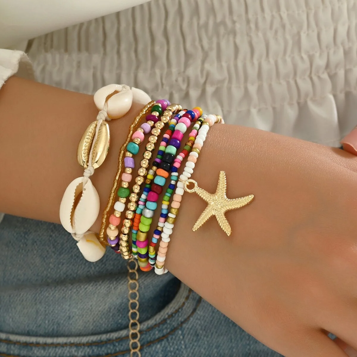 7Pcs/Set Bohemian Shell Beaded Woven Bracelet Starfish Rice Beads Women Bracelet Set Beach Party Seaside Holiday Leisure Jewelry image 3