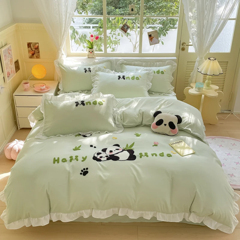 

Cute Panda Duvet Cover Set 3 Pieces Washable Cotton Embroidery Comforter Covers Soft for Kids Teens Bedroom Decor Home Textil