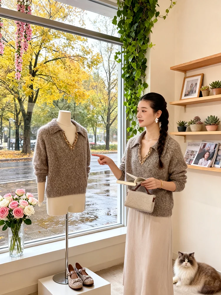 

Korean Sle Long Sve Women's Sweater Soft Cozy Lazy Sle Top Comfortable Warm V-Ne Knitted Autumn Winter New Arrival