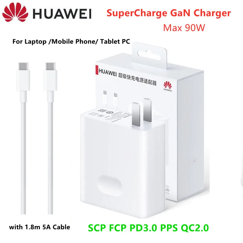 Huawei SuperCharge GaN Charger Max 90W Type-C Output With 1.8m 5A Cable QC PD Fast Charge For Huawei Laptop/Phones For MacBook