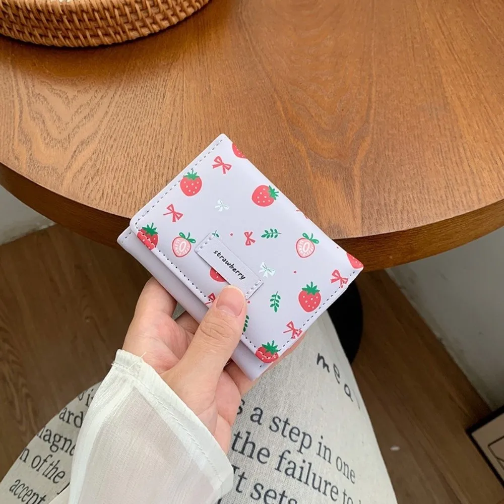 Fashion Strawberry Tri-fold Wallet Bow Korean Style PU Leather Wallet Short Folding Card Holder Student