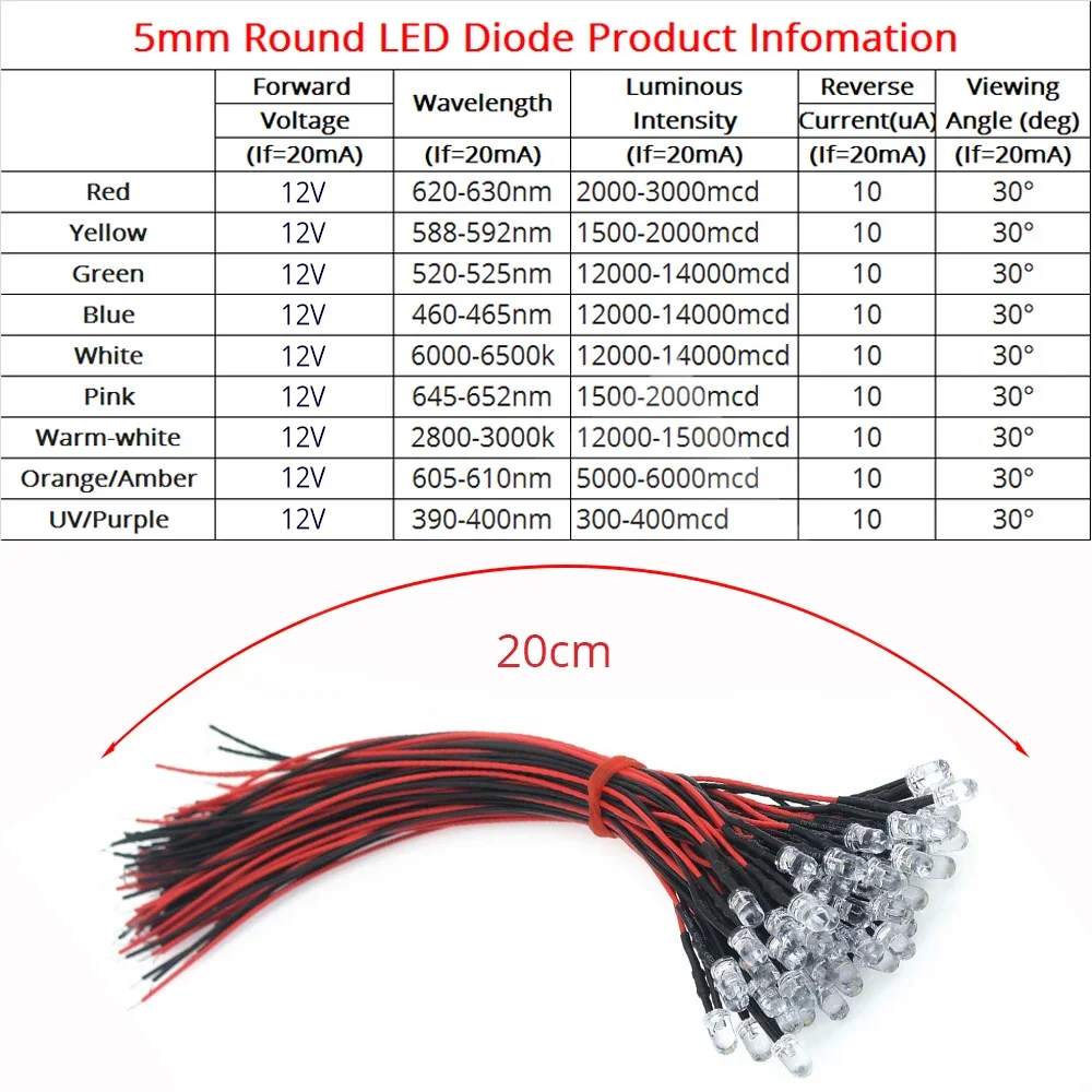 1Pcs 5mm Round 20cm Pre Wired DC 12V LED Lamp Light Bulb Red Blue White Green Warm Diode Emitting Diodes Multiple Color Options