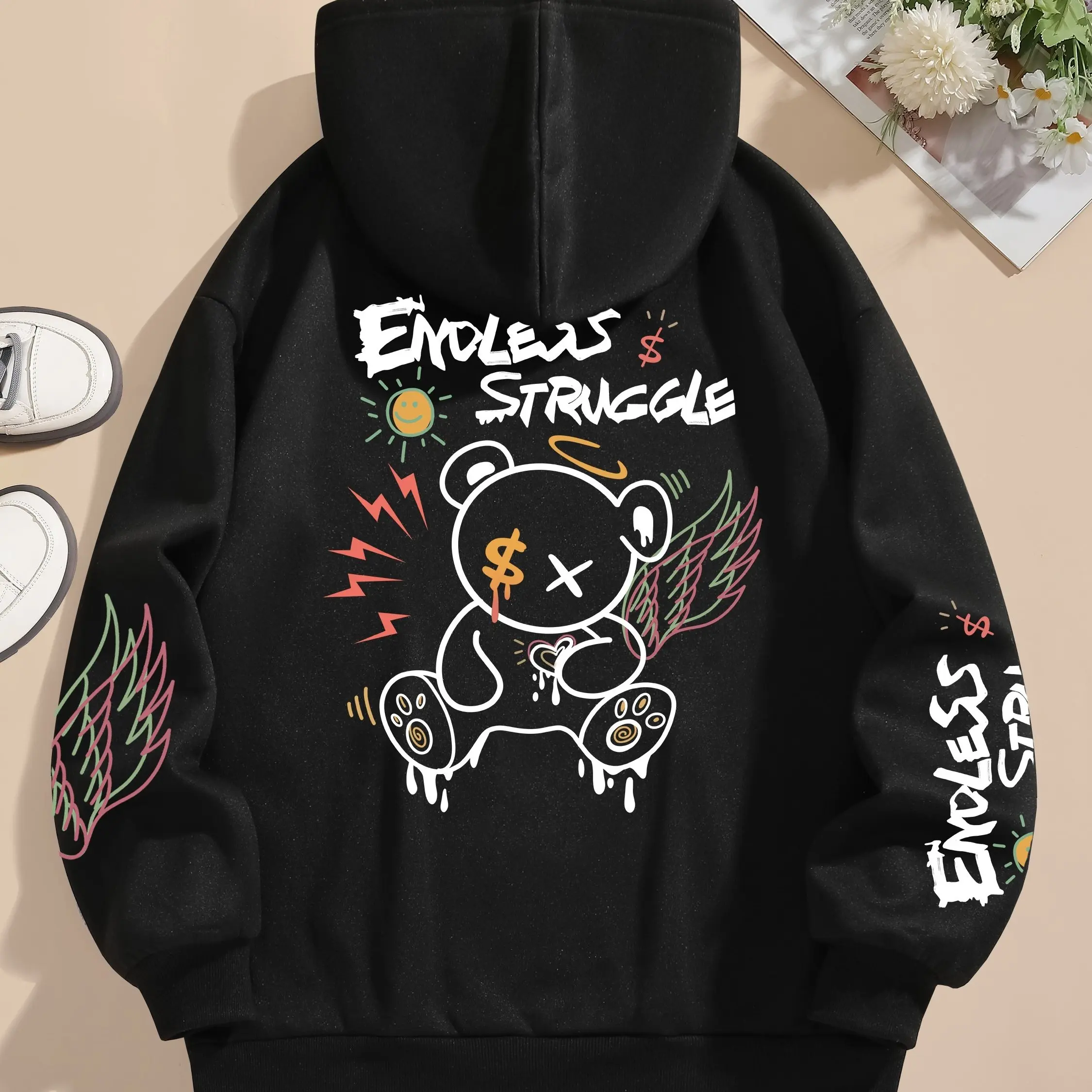 Couple's Autumn and Winter Personalized Bear Print Hooded Sweatshirt, Casual Pullover Sweatshirt and Men's Top