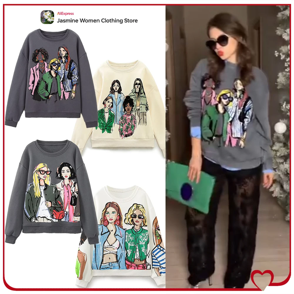 Autumn Contrast Graphics Sweatshirts for Women Loose Relaxtion O-Neck and Long Sleeves Cartoon Printed Pullover with Ribbed Trim