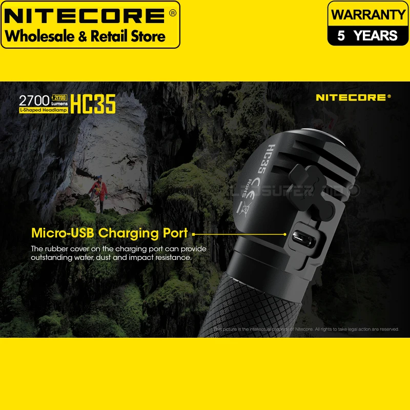 2700 لومن Nitecore HC35 21700 كشافات أمامية مغناطيسية على شكل حرف L مع بطارية ليثيوم أيون 4000 مللي أمبير في الساعة