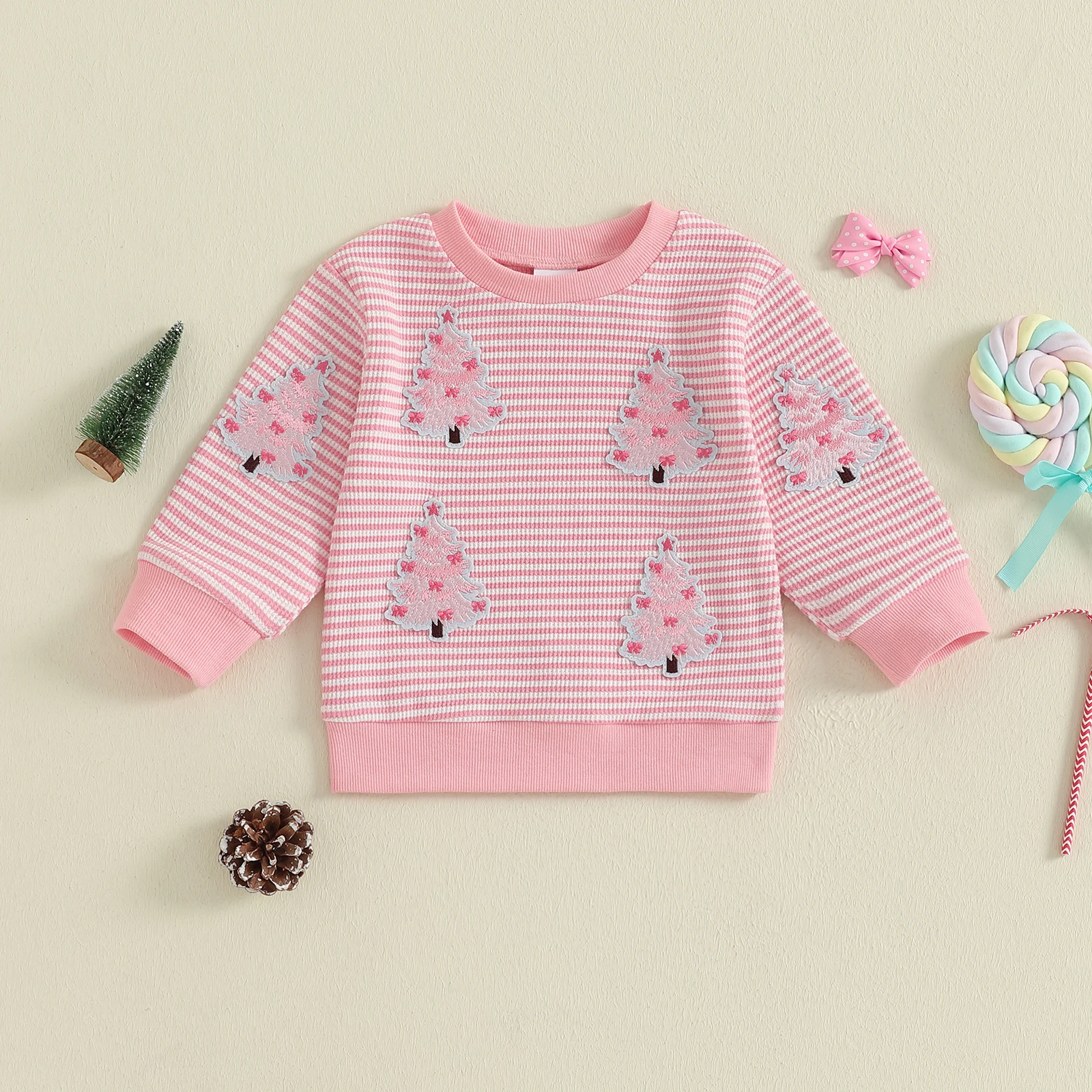 

Toddler Baby Girl Christmas Sweatshirt Christmas Tree Embroidered Striped Crew Neck Long Sleeve Pullover for Fall Winter