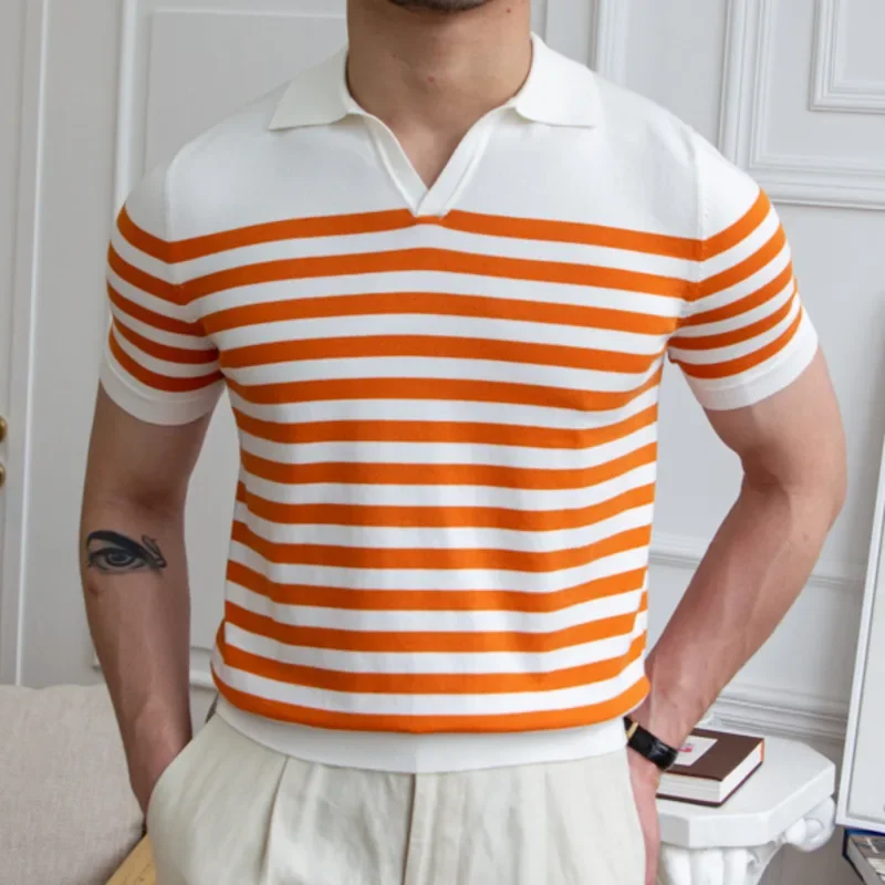 

Orange Contrasting Stripes Casual Slim Lapel Polo Summer Knit Lapel T-shirt Polo Camisa Hombre British Men's Shirt Mannen Polo