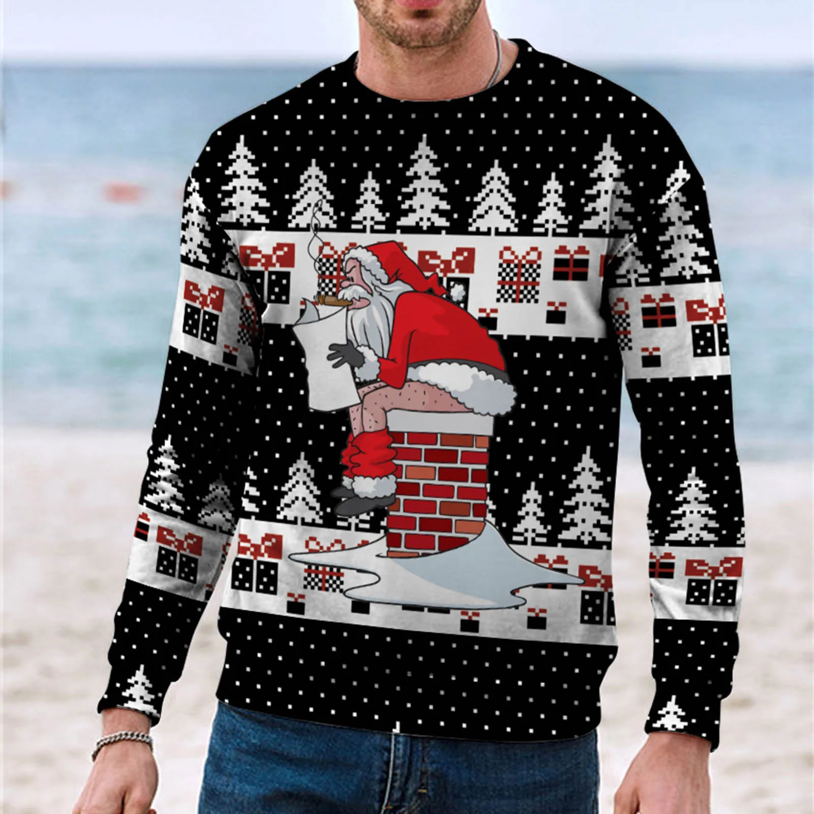 Amusing Santa Claus Printed Men Christmas Sweatshirts Autumn Winter Long Sleeved Pullover Top Sweatshirt Men's Streetwear Blouse