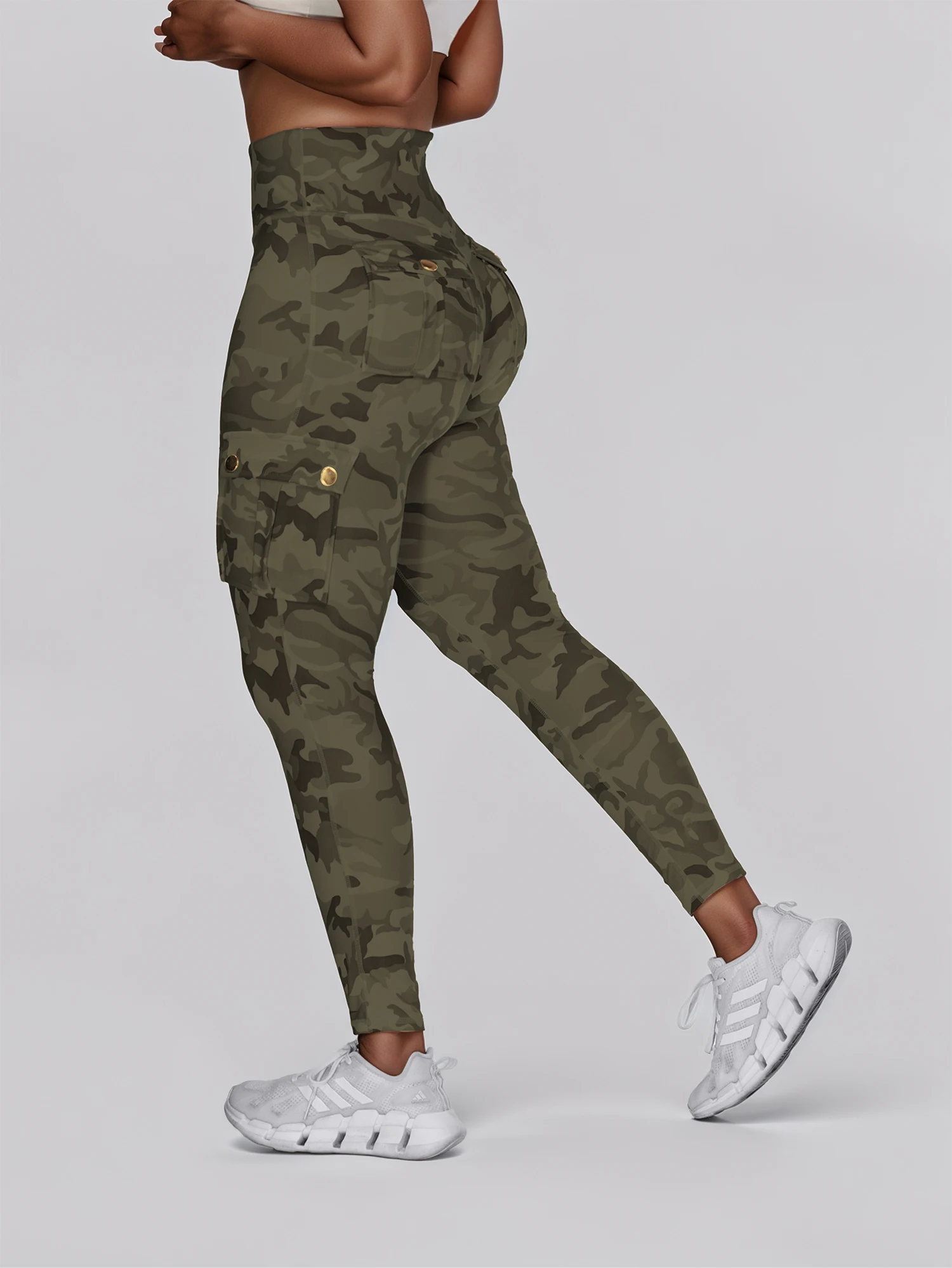 High Waist Camouflage Print Skinny Casual Leggings with Buttoned Pocket Pants