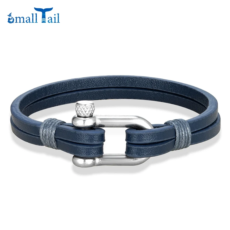 Men Stainless Steel U Shape Buckle Bracelet Simple Nautical Double Strand Leather Bracelet & Bangle Handmade Jewelry for Women