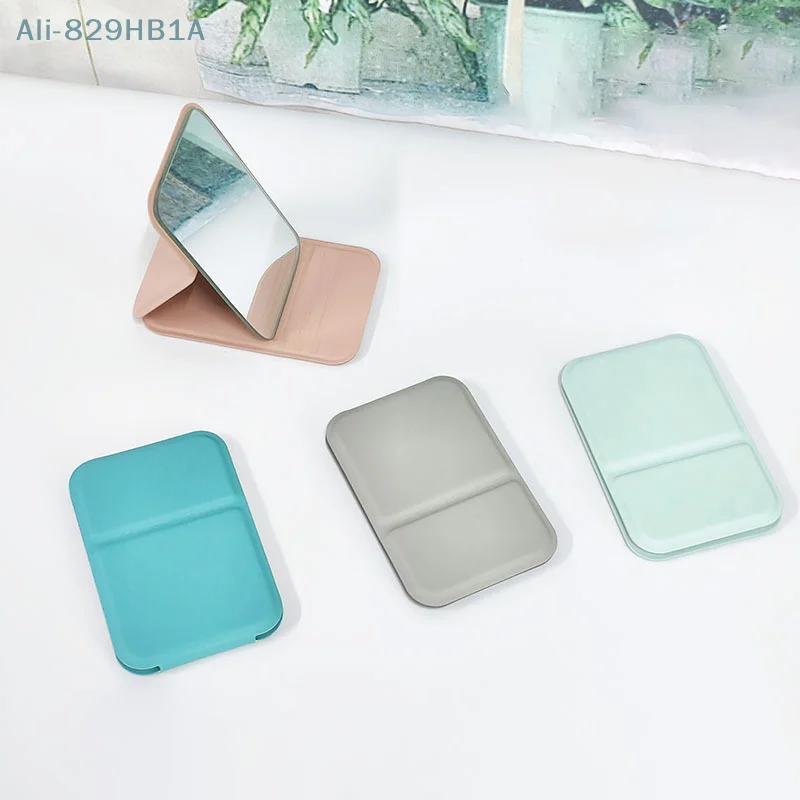 Desktop Makeup Mirror Solid Color PU Leather Simple Portable Handheld Makeup Mirror Foldable Student Compact Cute Pocket Mirror