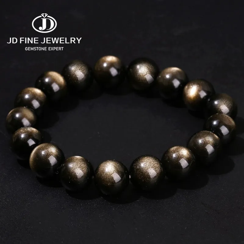 JD 7A Natural Gold Color Shiny Obsidian Bead Bracelet Women Men Charm Health Protection Blood Circulation Fashion Jewelry Gift