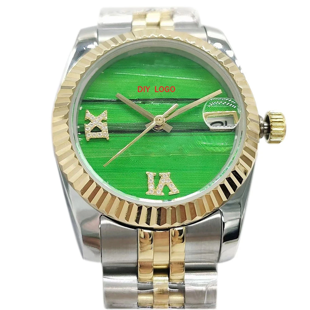 

Customized 31mm elegant ladies' watch with logo, mechanical movement, green disc Roman digital calendar window, a gift for women