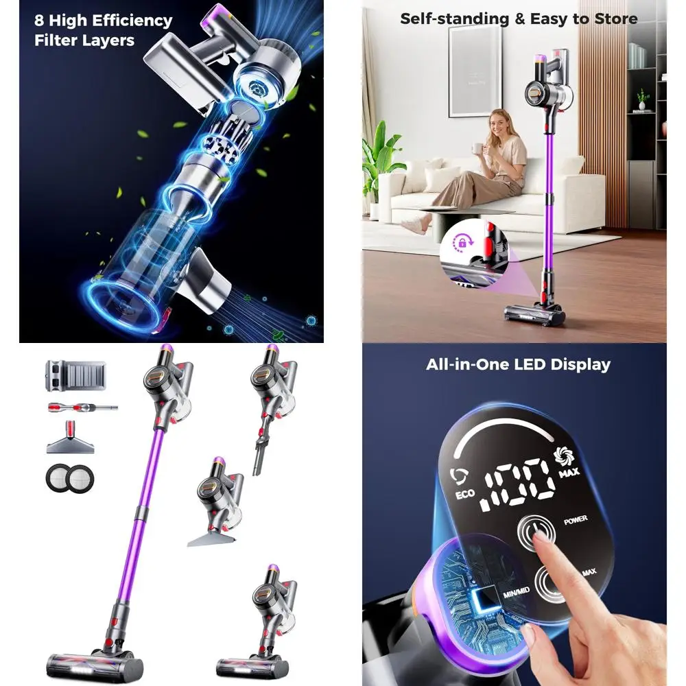 

Беспроводной пылесос 550 Вт, 45 кПа, 60 минут работы, с функцией защиты от наматывания волос, LED-дисплеем и возможностью самостоятельной установки, для дома