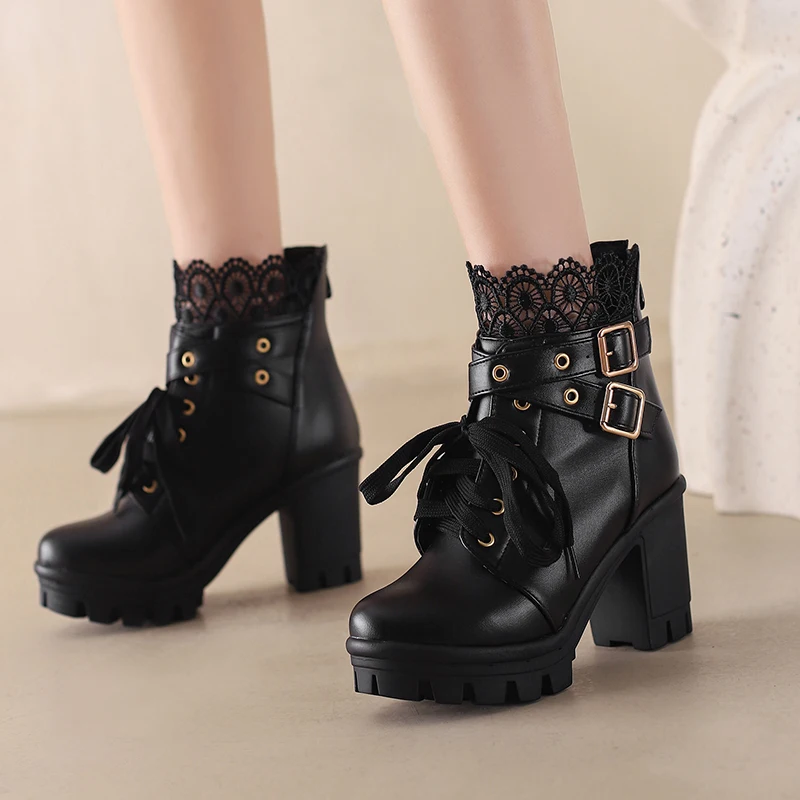 Goth Boots Women Platform Chunky Heel Buckle Lace Up Combat Booties - view 3