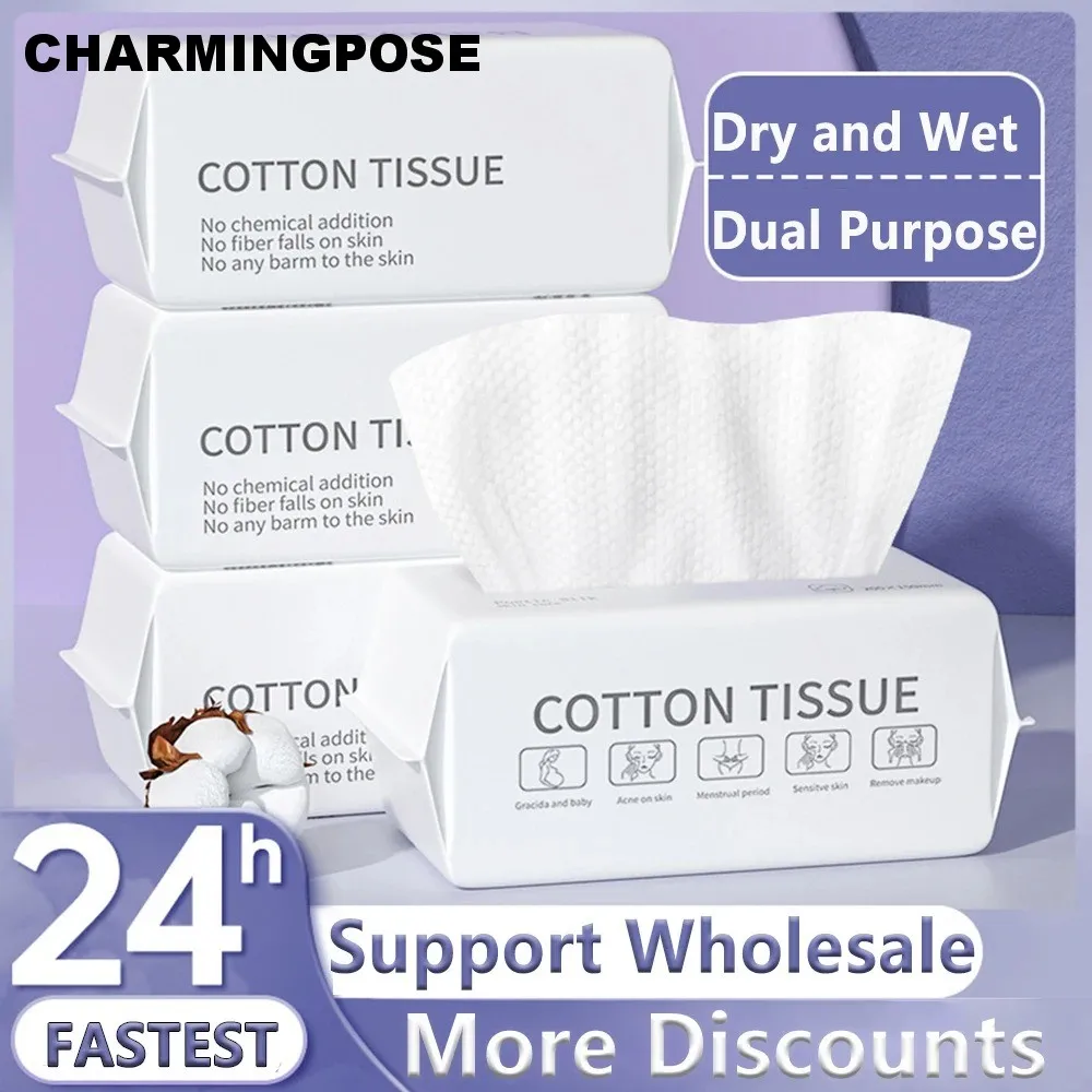 100PCS Biodegradable Facial Towels, Premium Cotton Makeup Remover Pads, Extra Thick Disposable Cleansing Tissue for Sensitive Sk