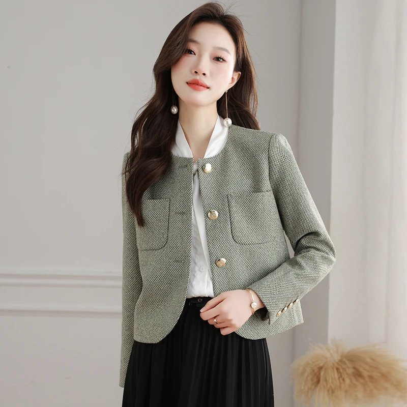 Chaqueta corta de tweed de lana tejida estilo Chanel para mujer, cuello redondo, hombros rectos, efecto adelgazante