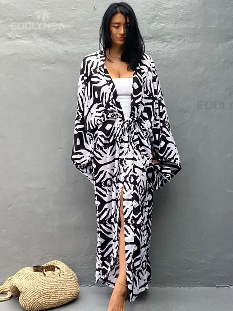 فستان كيمونو مطبوع بأكمام طويلة غير رسمي موديل 2023 ملابس شاطئ نسائية ملابس سباحة تغطية صيدا دي برايا Q1340 #3
