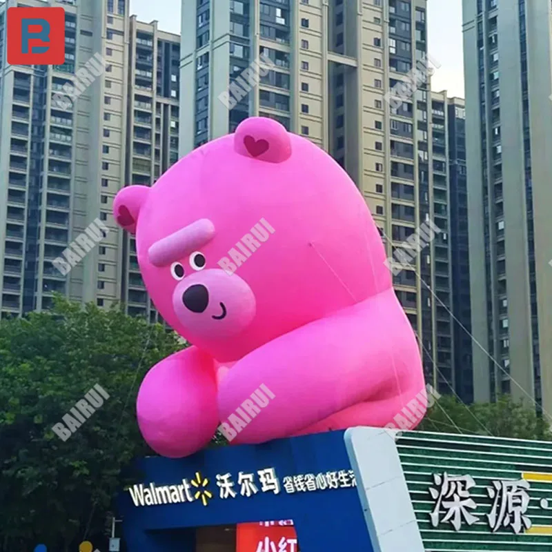 Modelo inflável de urso rosa fofo escalar na parede fora da fachada da parede do shopping mercado panorâmico adereços de iluminação romântica