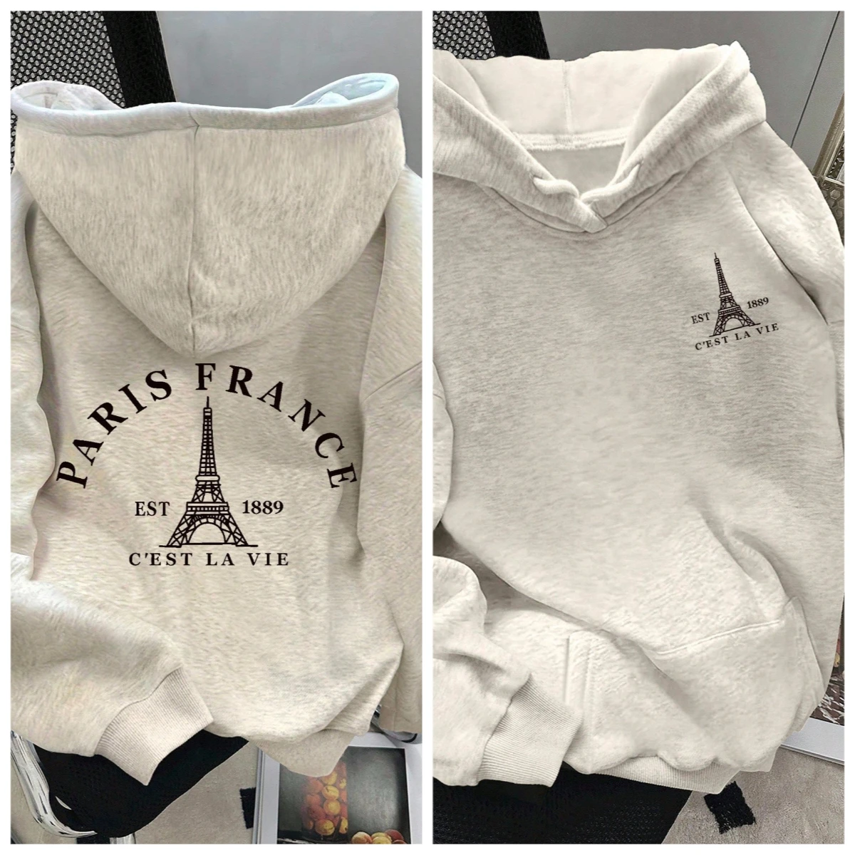 المرأة القطن هوديي فضفاضة تناسب الخريف الشتاء الدفء عارضة الشارع الشهير البيج اللون باريس فرنسا برج ايفل طباعة تصميم الظهر #1