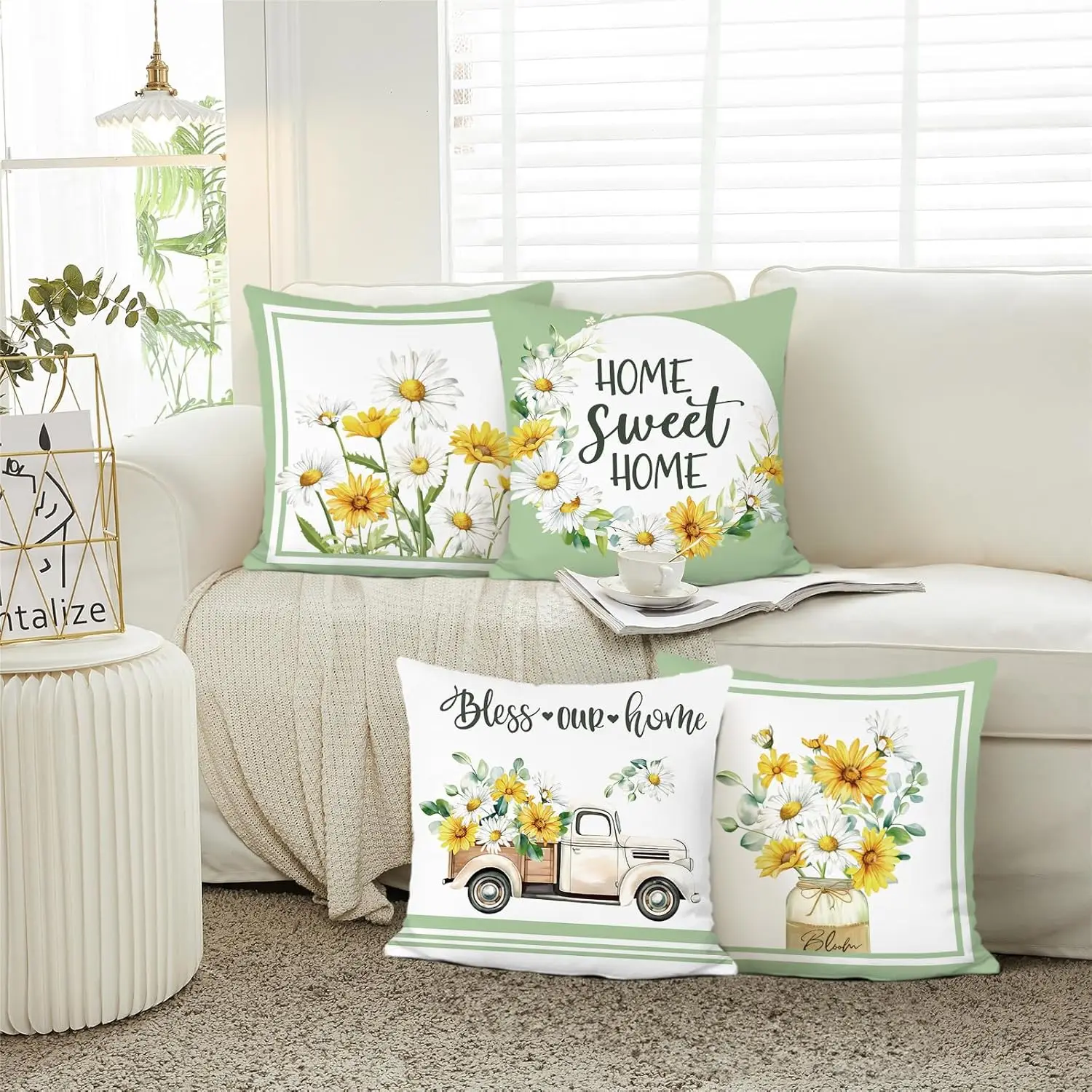4pcs Daisy Sunflower Home Sweet Home Bless Our Home Floral Printed Pillow Cover Polyester Cushion Case 2D Flat Farmhouse Now