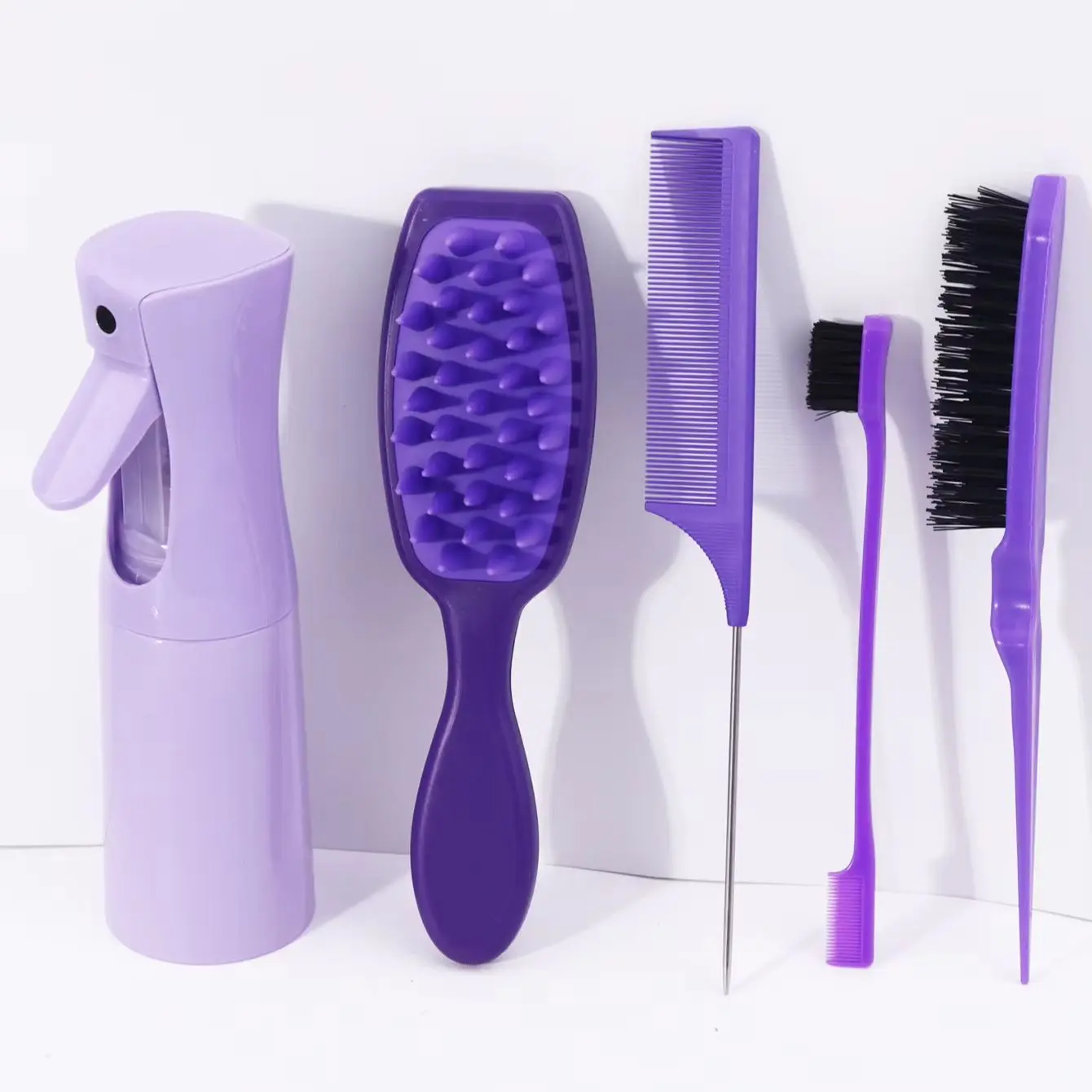 مجموعة أدوات تصفيف الشعر مكونة من 5 قطع، مع زجاجة رذاذ، وفرشاة شامبو، ومشط، وفرشاة شعر وفرشاة حافة خاصة بشعر مستعار حقيقي