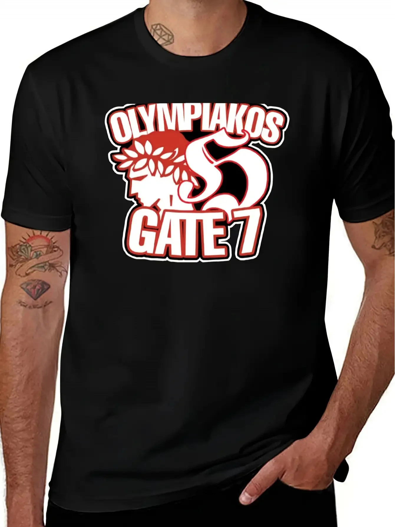 T-shirt avec le logo du club de football Olympiacos pour hommes - Marchandises pour supporters grecs mettant en valeur le numéro. 7 Objectifs de conception et