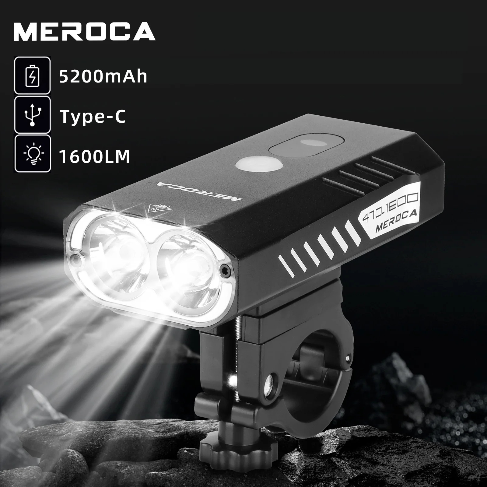 MEROCA Bicycle Front Light 5200mAh Rechargeable Flashlight 1600lm Double LED  Lamp Beads High Brightness Mtb Road Bike Lamp