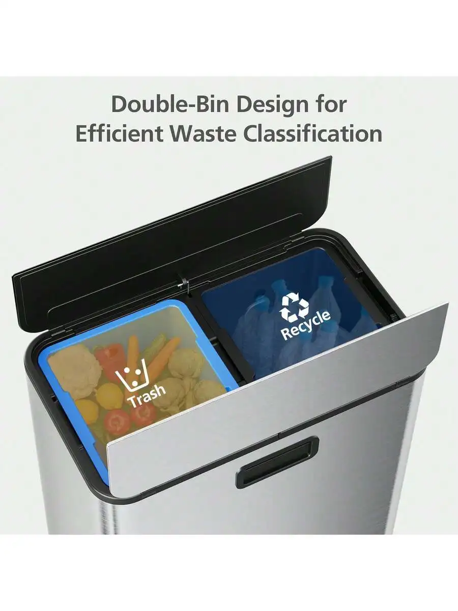 

56L Stainless Steel Step-On Kitchen Trash Can With Dual Compartments Butterfly Lid
