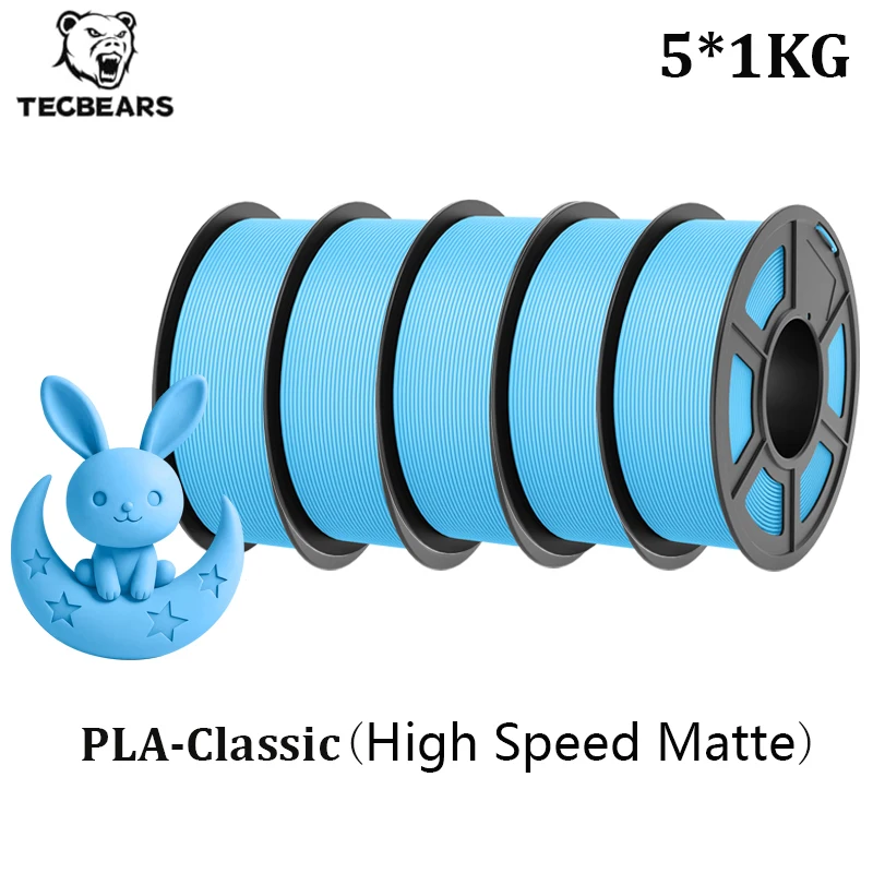 TECBEARS Hochgeschwindigkeits-Matt-PLA 3D-Drucker-Filament 5KG/5 Rollen PLA Classic Filament-Set Hohe Zähigkeit für 3D-Filament-Lager