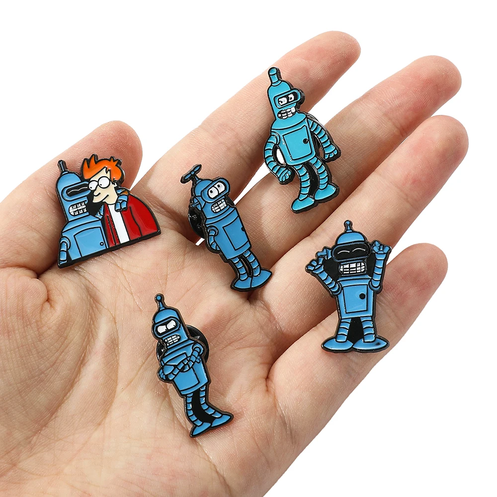 Anime Futurama Enamel Lapel Pins Fry and Bender Cartoon Brooches for Clothes Disnes Metal Badges for Backpack Accessories