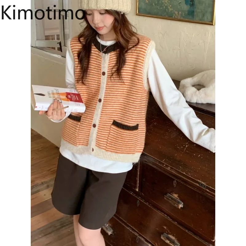 

Kimotimo Contrast Color Striped Knitted Vest Women Korean Style Sleeveless Overlap Pocket Sweater Autumn Casual Waistcoat Tops
