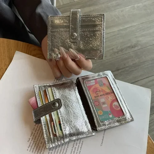 Imagen 1 del producto Monedero con cremallera y ranura para múltiples tarjetas para mujer, bonito monedero, tarjetero de identificación, billetera de cuero genuino plateada