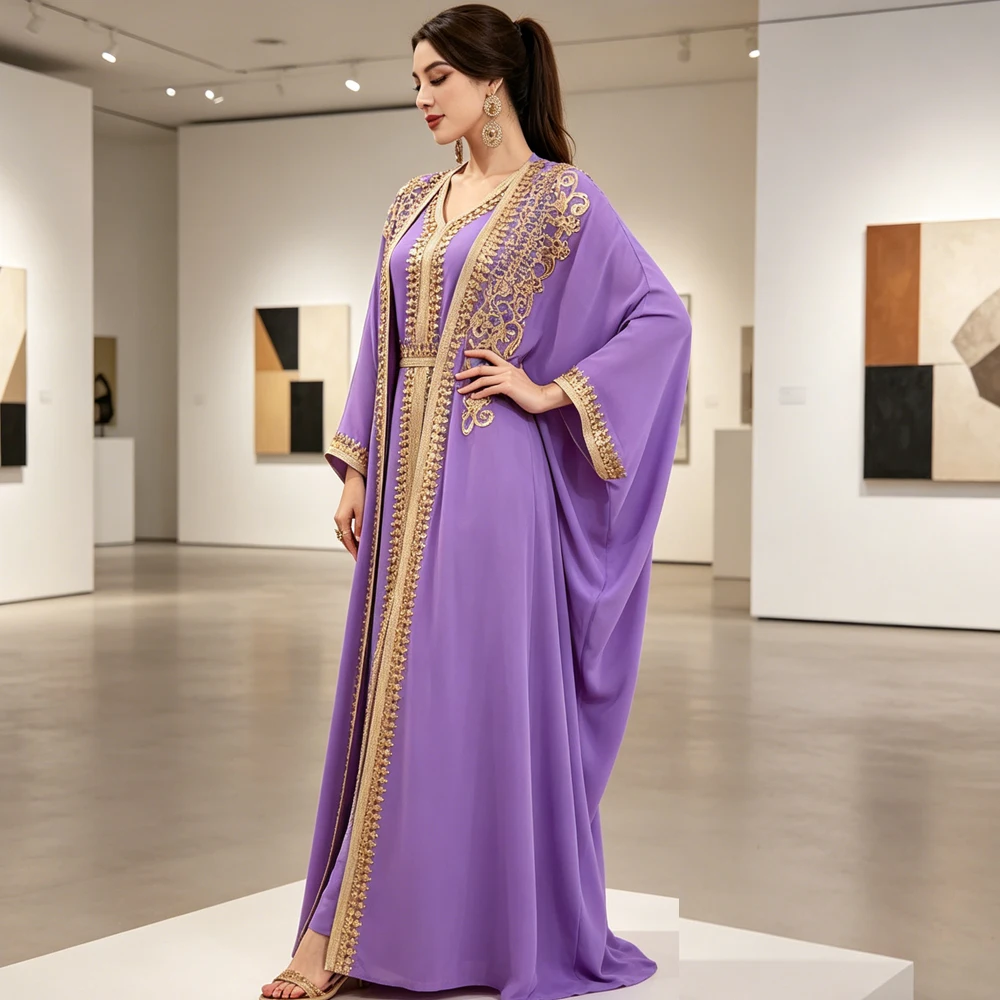 

Ramadan Muslim Sequins Long Dresses Two Pieces Dubai Moroccan Elegant Abayas Fashion Kebaya Kimono Jalabiya Eid Djellaba Kaftan