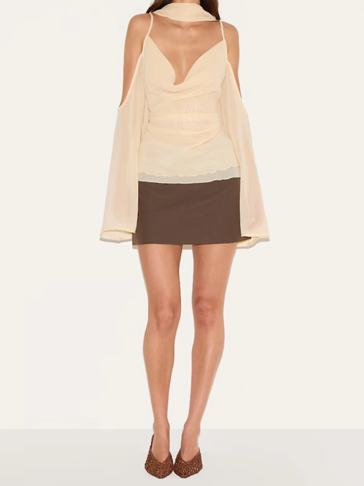 Elegant Off Shoulder Blouse with Scarf and Zipper Detailing Stylish Cowl Neck Long Sleeve Shirt for Chic Night Outfits