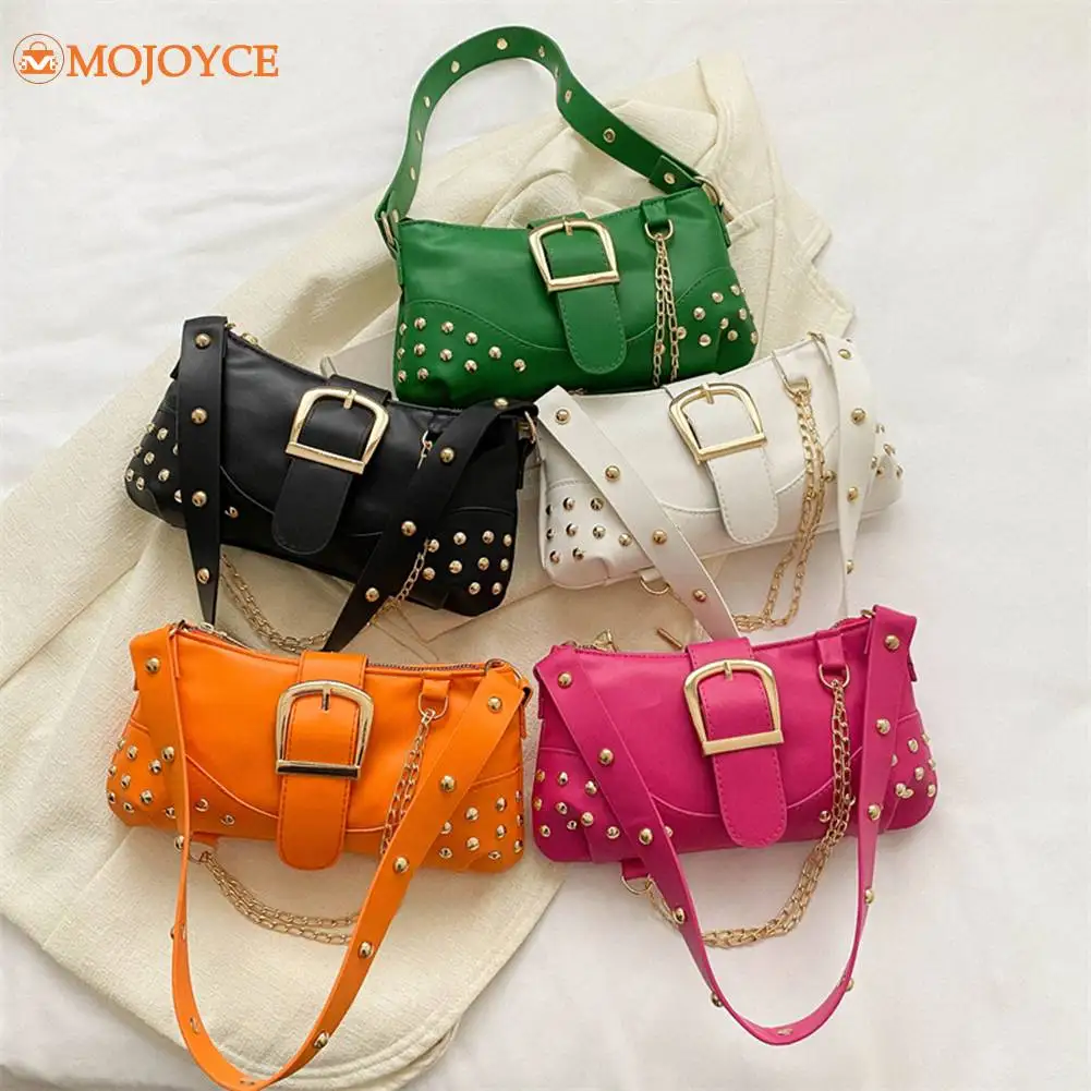 2023 New Cool Rivet Girls Handbags Fashion Y2K Single Shuolder Bags Luxury Designer Punk PU Chain Bags Trend Ladies Underarm Bag