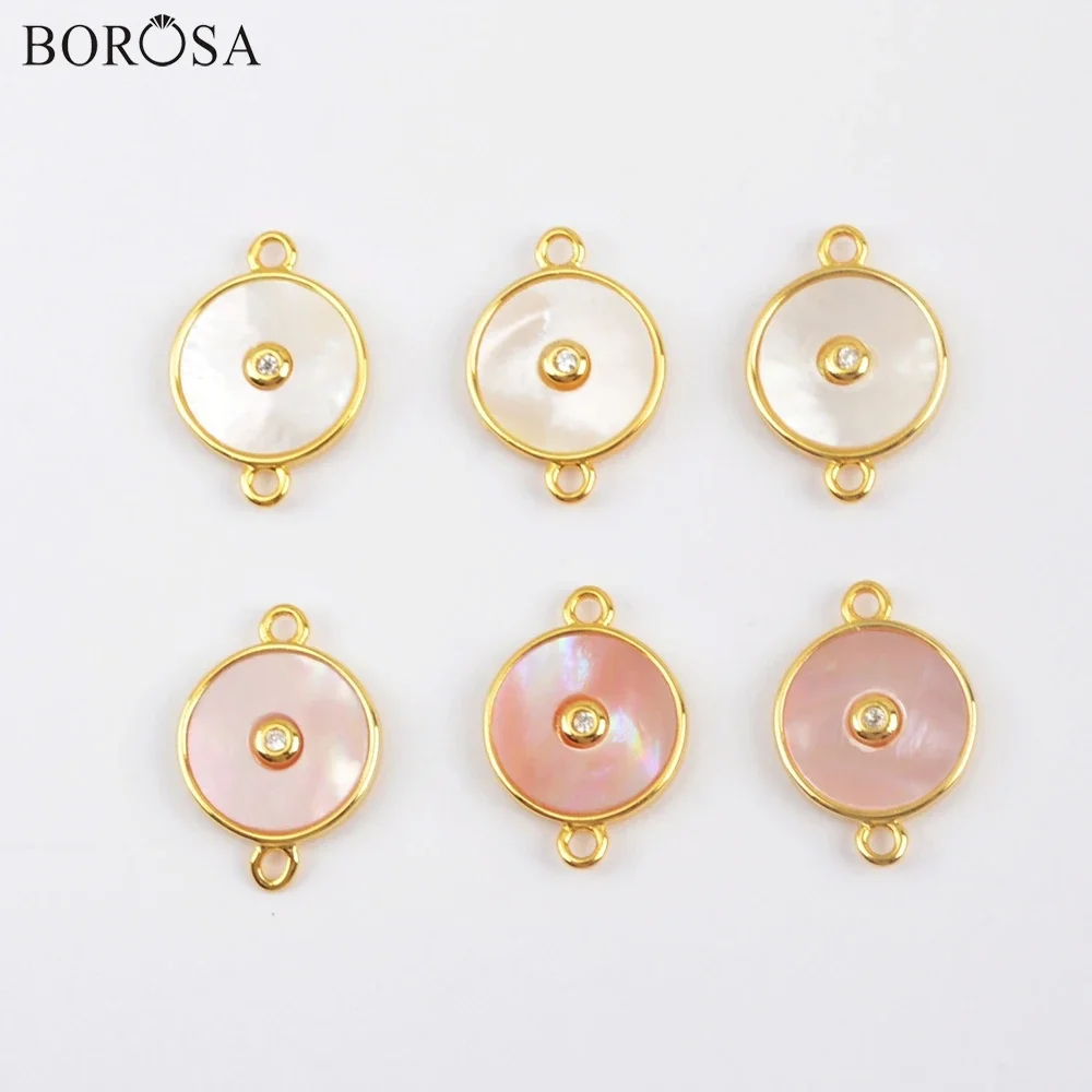 

BOROSA 7Pcs Mother of Pearl Natural White Shell Connector for Women Necklace Statement Jewelry 11mm Round Double Charms