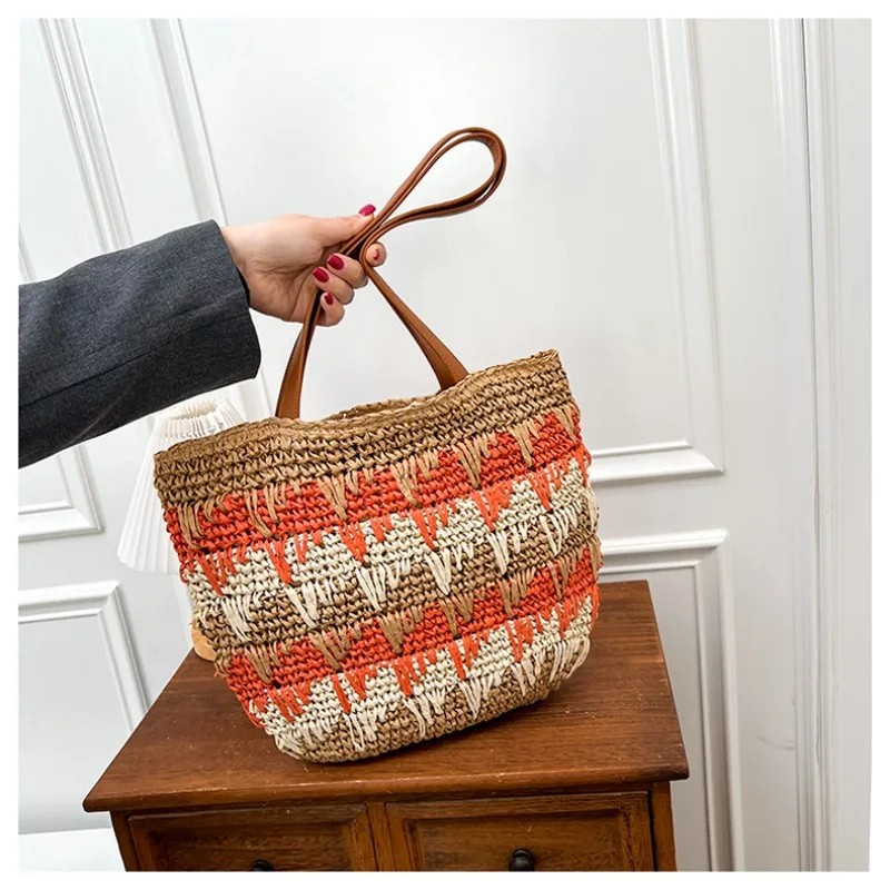 

Straw Patchwork Zipper Large Capacity Casual Tote 2026 Spring/summer New Hot Sale Bags Seaside Vacation Versatile Beach Bags